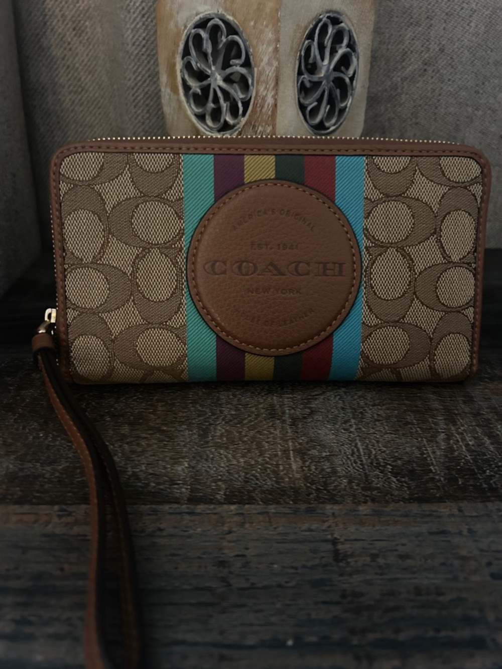 Coach Brown Signature Dempsey Multi Zip Wallet